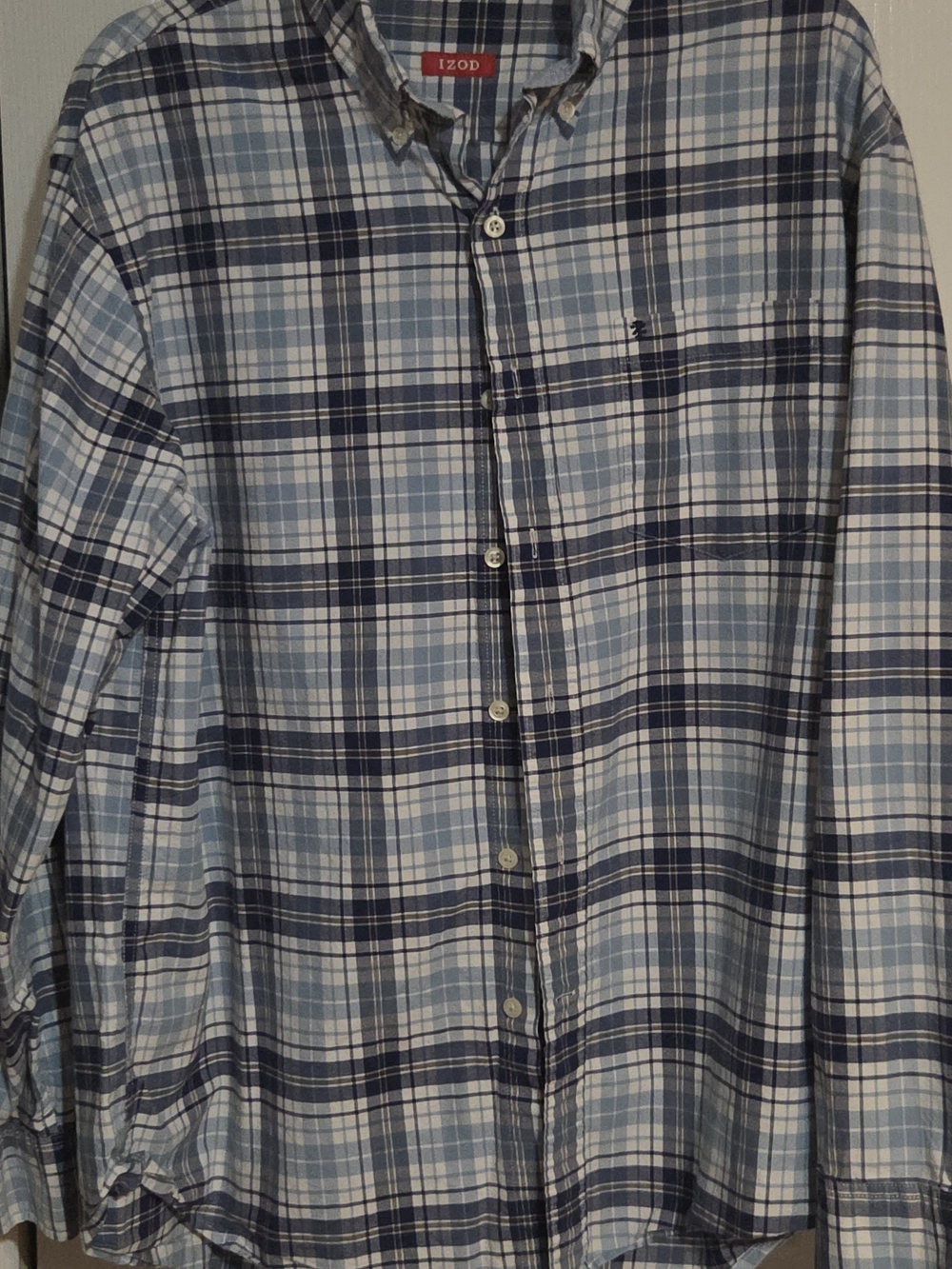 IZOD Men's Size L Plaid Long Sleeve Button Down Shirt Blue Gray White Large